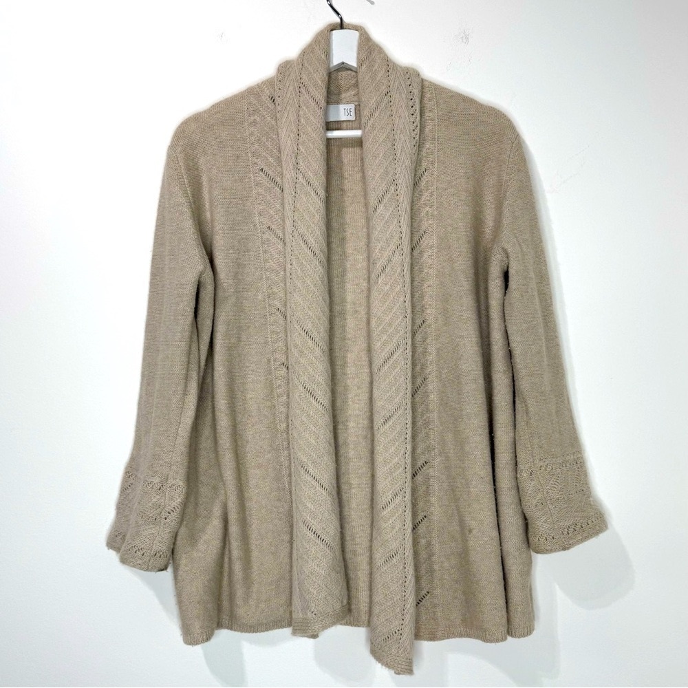 Tse 100% Cashmere Beige Detailed Knit Open Cardigan Sweater Size Medium
